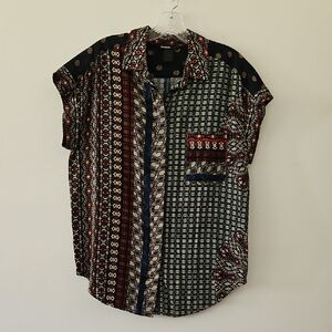 Desigual Azhan Mixed-Print Short Sleeve Button Front Blouse Size‎ Large